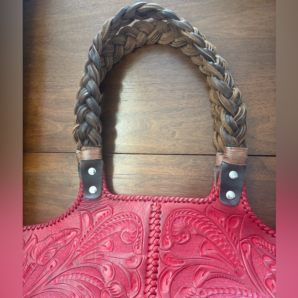 Alejandro Yeo Red Leather Hand Tooled Handbag Tote Like NEW - Picture 5 of 16